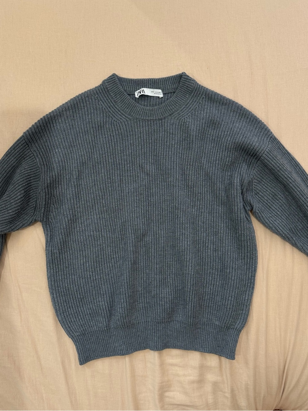 Zara Men's Charcoal Thick Ribbed Crewneck Sweater